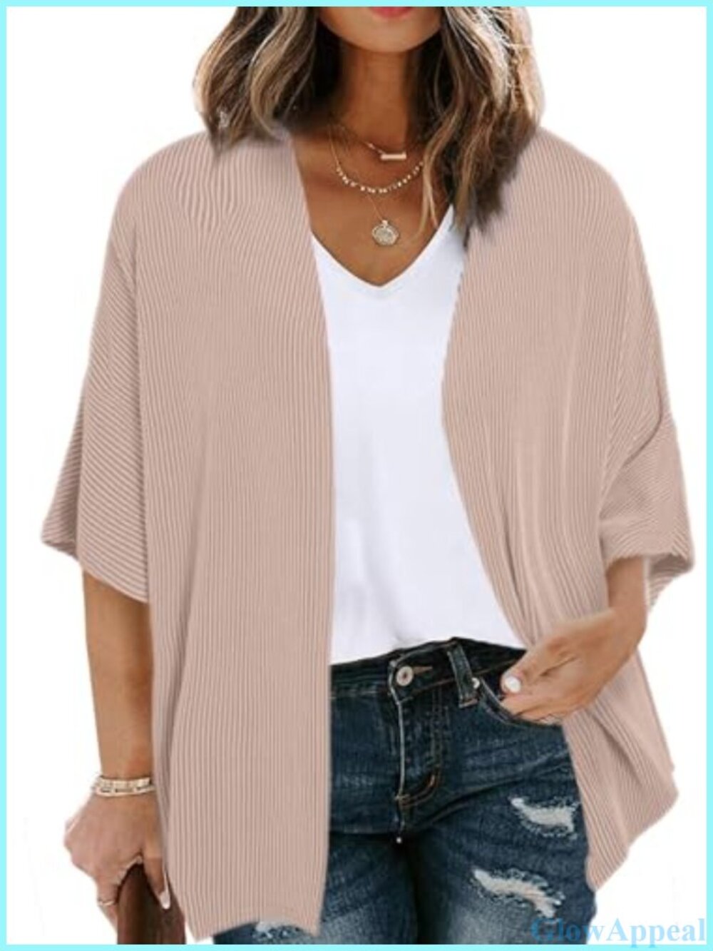 Plus Size Lightweight Ribbed Knit Kimono Cardigan Half Sleeve Open Front